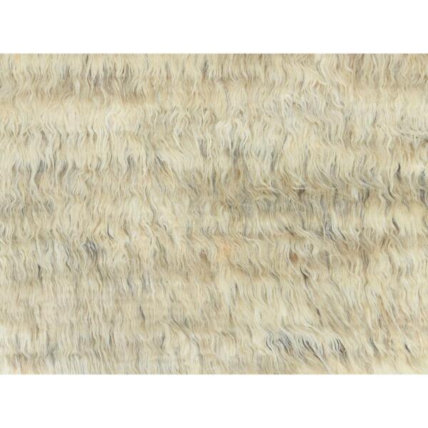 6'x6' Beige, Hand Knotted Shaggy Moroccan, Exotic Texture Undyed Natural Wool, Round Oriental Rug  - 82659 - Image 9