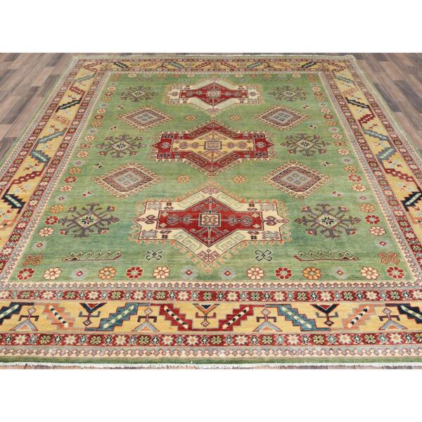 8'x9'9" Sage Green, Special Kazak with Large Medallions Natural Dyes, Soft Wool Hand Knotted Oriental Rug  - 82708 - Image 4