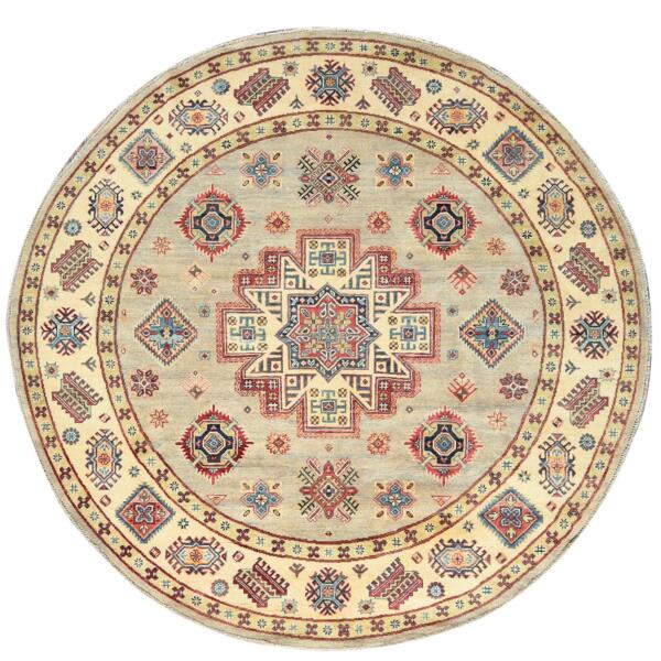 8'x7'9" Pale Goldenrod, Special Kazak with Large Medallion Natural Dyes, 100% Wool Hand Knotted, Round Oriental Rug  - 82712