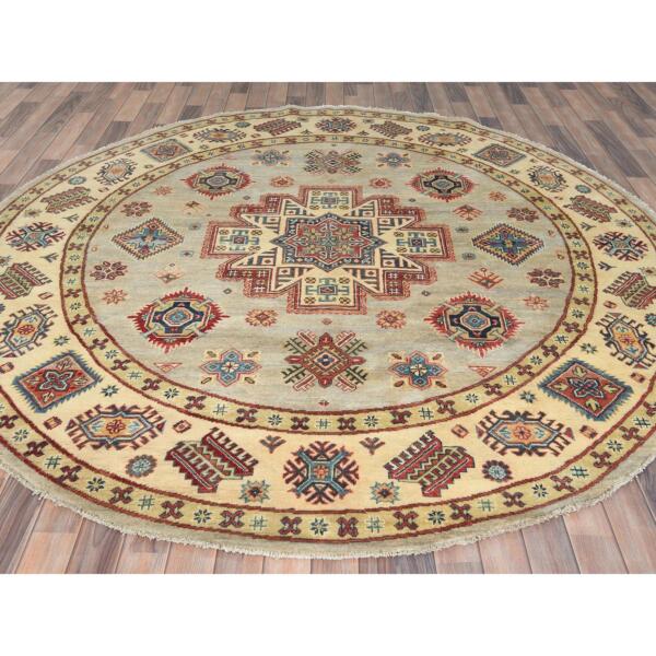 8'x7'9" Pale Goldenrod, Special Kazak with Large Medallion Natural Dyes, 100% Wool Hand Knotted, Round Oriental Rug  - 82712 - Image 4