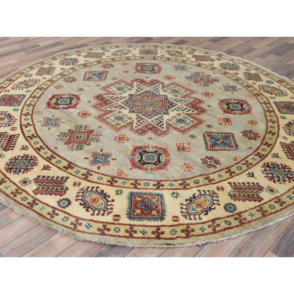 8'x7'9" Pale Goldenrod, Special Kazak with Large Medallion Natural Dyes, 100% Wool Hand Knotted, Round Oriental Rug  - 82712 - Image 5