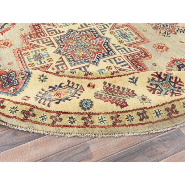 8'x7'9" Pale Goldenrod, Special Kazak with Large Medallion Natural Dyes, 100% Wool Hand Knotted, Round Oriental Rug  - 82712 - Image 6