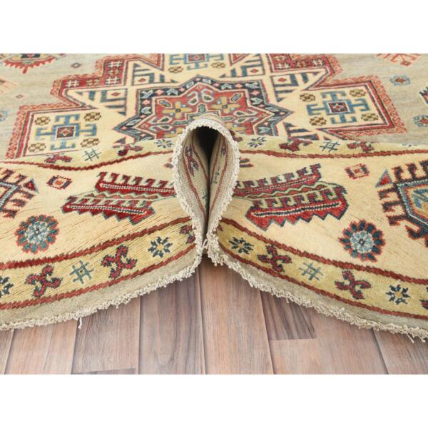 8'x7'9" Pale Goldenrod, Special Kazak with Large Medallion Natural Dyes, 100% Wool Hand Knotted, Round Oriental Rug  - 82712 - Image 7