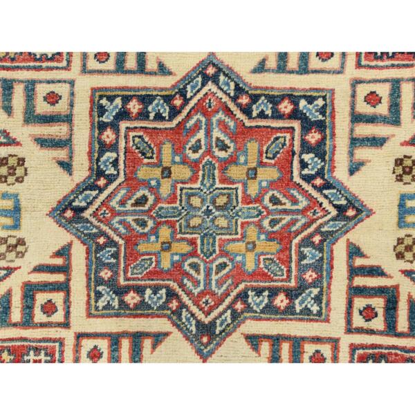 8'x7'9" Pale Goldenrod, Special Kazak with Large Medallion Natural Dyes, 100% Wool Hand Knotted, Round Oriental Rug  - 82712 - Image 9