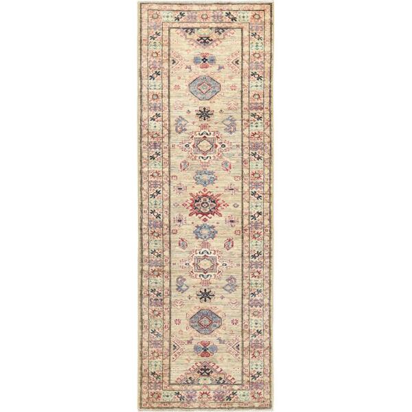 2'7"x7'9" Taupe, Afghan Super Kazak with Geometric Medallions, Natural Dyes Densely Woven, 100% Wool Hand Knotted, Runner Oriental Rug  - 82730