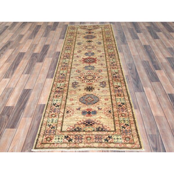 2'7"x7'9" Taupe, Afghan Super Kazak with Geometric Medallions, Natural Dyes Densely Woven, 100% Wool Hand Knotted, Runner Oriental Rug  - 82730 - Image 3