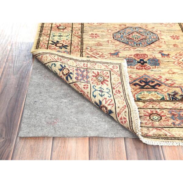 2'7"x7'9" Taupe, Afghan Super Kazak with Geometric Medallions, Natural Dyes Densely Woven, 100% Wool Hand Knotted, Runner Oriental Rug  - 82730 - Image 4