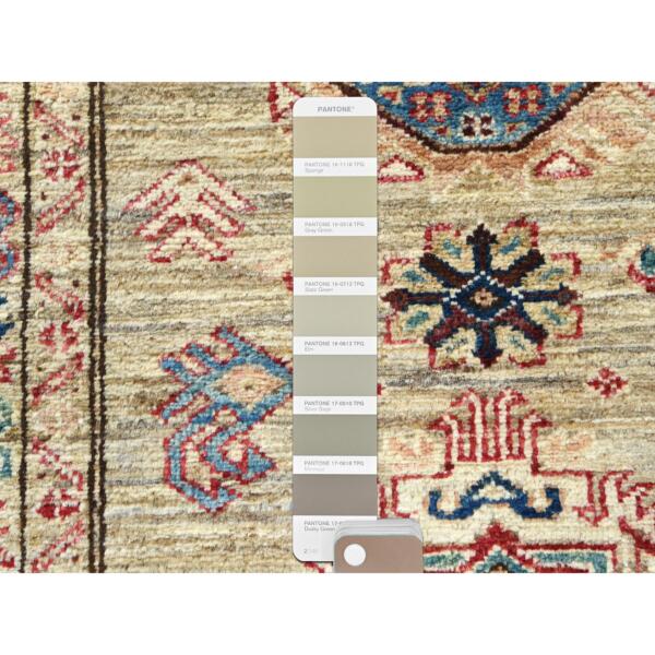 2'7"x7'9" Taupe, Afghan Super Kazak with Geometric Medallions, Natural Dyes Densely Woven, 100% Wool Hand Knotted, Runner Oriental Rug  - 82730 - Image 5