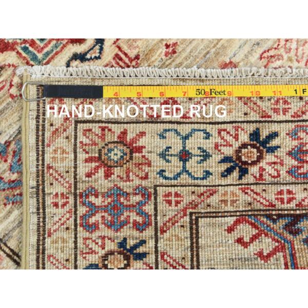 2'7"x7'9" Taupe, Afghan Super Kazak with Geometric Medallions, Natural Dyes Densely Woven, 100% Wool Hand Knotted, Runner Oriental Rug  - 82730 - Image 8