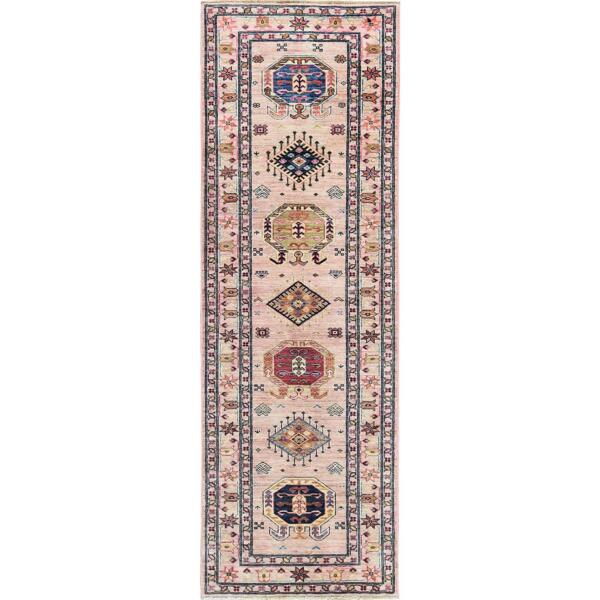 2'8"x8'1" Pastel Pink, Hand Knotted Afghan Super Kazak with Geometric Medallions, Natural Dyes Densely Woven, Soft Wool, Runner Oriental Rug  - 82744