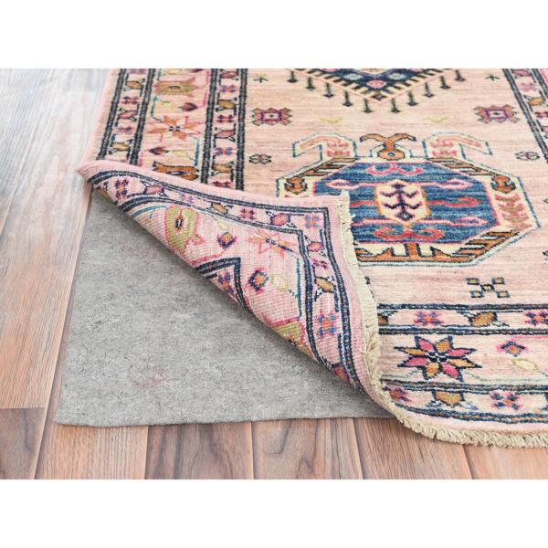 2'8"x8'1" Pastel Pink, Hand Knotted Afghan Super Kazak with Geometric Medallions, Natural Dyes Densely Woven, Soft Wool, Runner Oriental Rug  - 82744 - Image 4