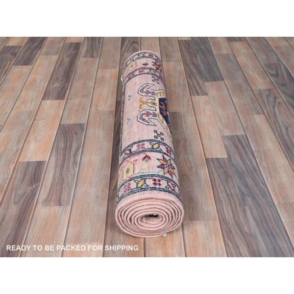 2'8"x8'1" Pastel Pink, Hand Knotted Afghan Super Kazak with Geometric Medallions, Natural Dyes Densely Woven, Soft Wool, Runner Oriental Rug  - 82744 - Image 6