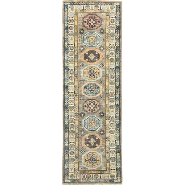 2'6"x8'1" Brownish Gray, Afghan Super Kazak with Large Medallions Natural Dyes, Natural Wool Hand Knotted, Runner Oriental Rug  - 82746