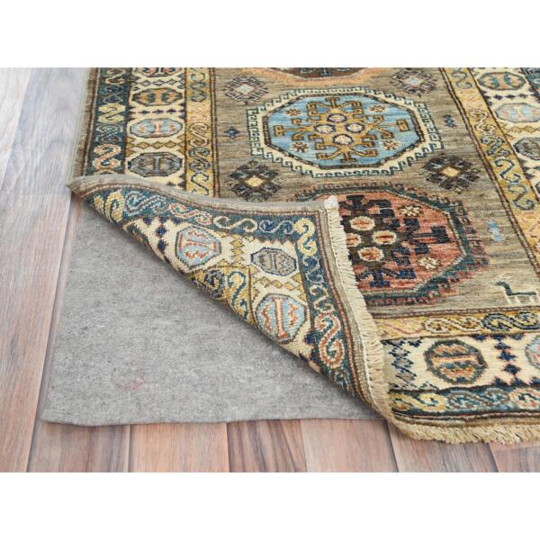 2'6"x8'1" Brownish Gray, Afghan Super Kazak with Large Medallions Natural Dyes, Natural Wool Hand Knotted, Runner Oriental Rug  - 82746 - Image 4