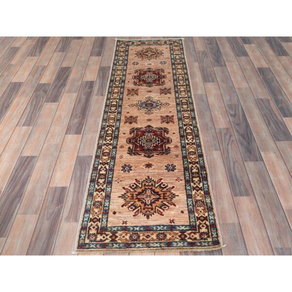 1'10"x6'5" Ecru Color, Afghan Super Kazak with Large Medallions Natural Dyes, Soft Wool Hand Knotted, Runner Oriental Rug  - 82764 - Image 3
