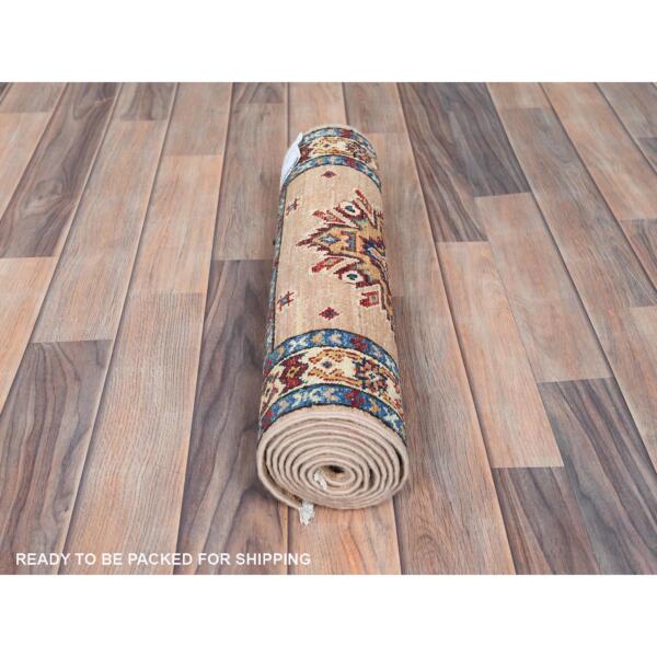 1'10"x6'5" Ecru Color, Afghan Super Kazak with Large Medallions Natural Dyes, Soft Wool Hand Knotted, Runner Oriental Rug  - 82764 - Image 6