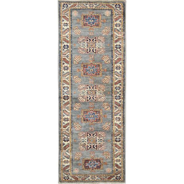 2'1"x5'7" Thunder Gray, Afghan Super Kazak with Large Medallions Natural Dyes, Soft Wool Hand Knotted, Runner Oriental Rug  - 82768