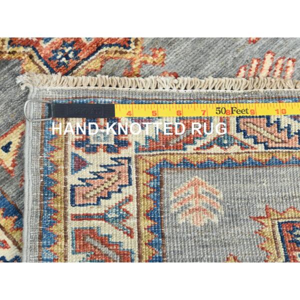 2'1"x5'7" Thunder Gray, Afghan Super Kazak with Large Medallions Natural Dyes, Soft Wool Hand Knotted, Runner Oriental Rug  - 82768 - Image 8