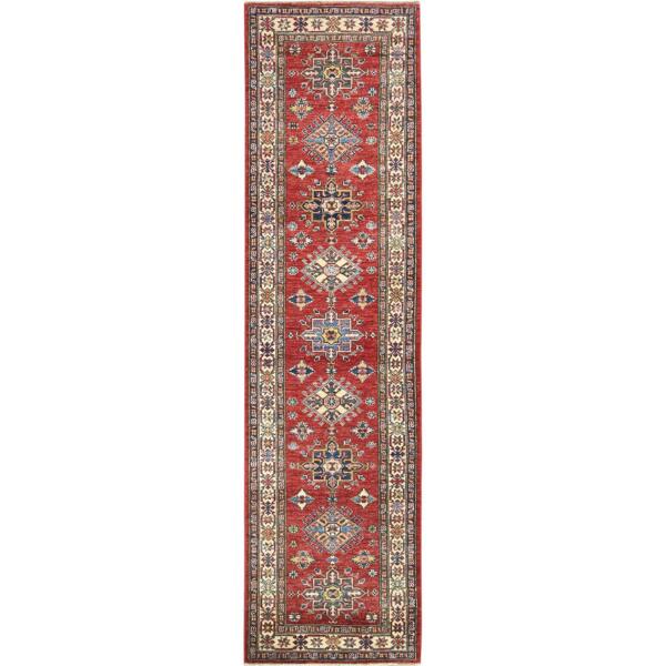 2'9"x10'5" Fire Brick, Afghan Super Kazak With Geometric Medallions, Natural Dyes, Dense Weave, Extra Soft Wool, Hand Knotted, Runner Oriental Rug  - 82775