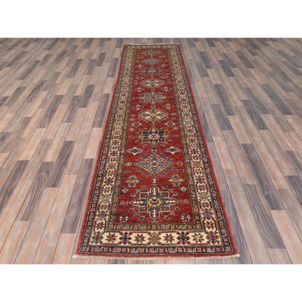 2'9"x10'5" Fire Brick, Afghan Super Kazak With Geometric Medallions, Natural Dyes, Dense Weave, Extra Soft Wool, Hand Knotted, Runner Oriental Rug  - 82775 - Image 3