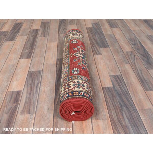 2'9"x10'5" Fire Brick, Afghan Super Kazak With Geometric Medallions, Natural Dyes, Dense Weave, Extra Soft Wool, Hand Knotted, Runner Oriental Rug  - 82775 - Image 6