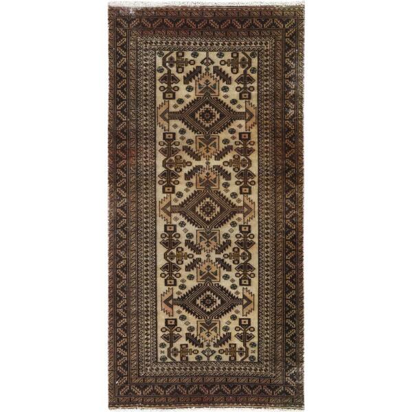 3'2"x6'5" Birdseed Brown, Sheared Low, Worn Wool, Hand Knotted, Bohemian Semi Antique Persian Baluch, Runner, Oriental Rug  - 82796