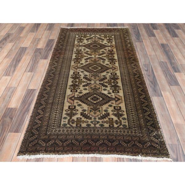 3'2"x6'5" Birdseed Brown, Sheared Low, Worn Wool, Hand Knotted, Bohemian Semi Antique Persian Baluch, Runner, Oriental Rug  - 82796 - Image 3