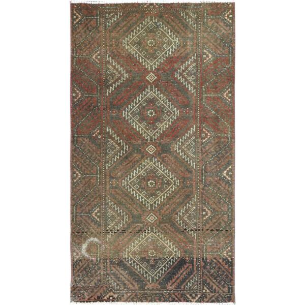 3'x5'5" Burnt Umber Brown, Bohemian Vintage Persian Baluch, Sheared Low, Worn Wool, Hand Knotted Oriental Rug  - 82806