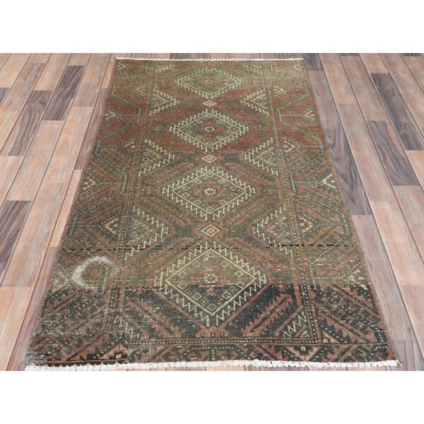 3'x5'5" Burnt Umber Brown, Bohemian Vintage Persian Baluch, Sheared Low, Worn Wool, Hand Knotted Oriental Rug  - 82806 - Image 3