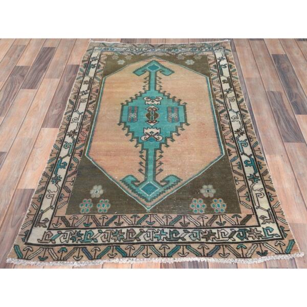 3'x5'1" Burlywood Brown, Hand Knotted, Bohemian Vintage Persian Hamadan with Anchor Medallion, Worn Down, Soft Wool, Oriental Rug  - 82807 - Image 3