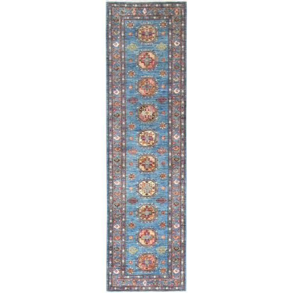 2'8"x9'10" Steel Blue, Afghan Super Kazak with Large Medallions, Natural Dyes, Dense Weave, Extra Soft Wool, Hand Knotted, Runner Oriental Rug  - 82887