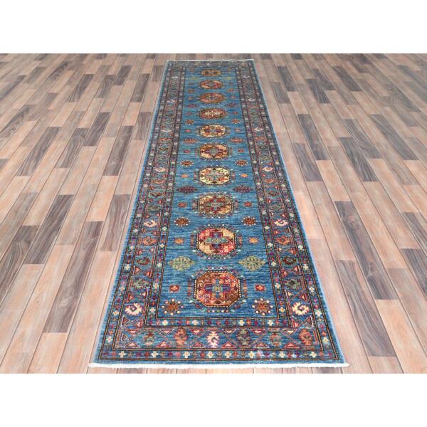 2'8"x9'10" Steel Blue, Afghan Super Kazak with Large Medallions, Natural Dyes, Dense Weave, Extra Soft Wool, Hand Knotted, Runner Oriental Rug  - 82887 - Image 3