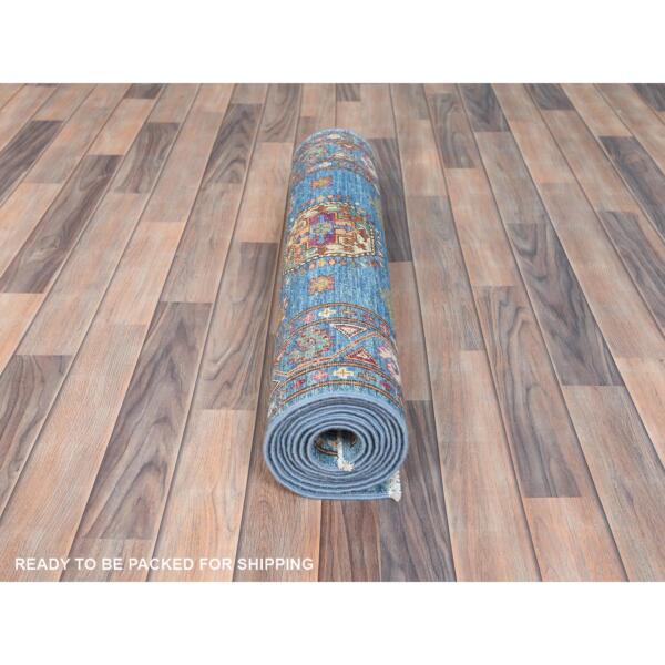 2'8"x9'10" Steel Blue, Afghan Super Kazak with Large Medallions, Natural Dyes, Dense Weave, Extra Soft Wool, Hand Knotted, Runner Oriental Rug  - 82887 - Image 6