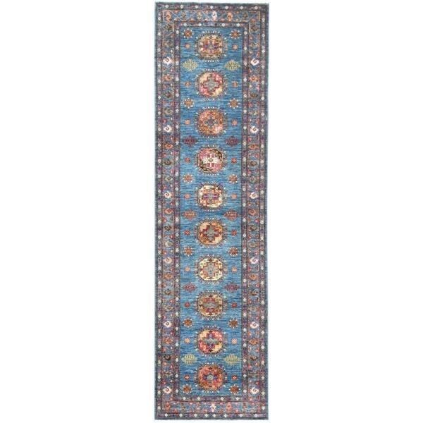 2'7"x9'9" Steel Blue, Afghan Super Kazak with Large Medallions, Natural Dyes, Dense Weave, Extra Soft Wool, Hand Knotted, Runner Oriental Rug  - 82893