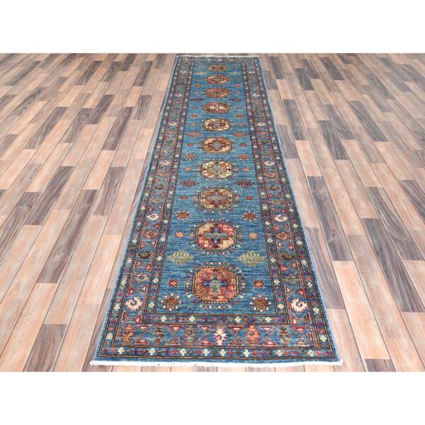 2'7"x9'9" Steel Blue, Afghan Super Kazak with Large Medallions, Natural Dyes, Dense Weave, Extra Soft Wool, Hand Knotted, Runner Oriental Rug  - 82893 - Image 3