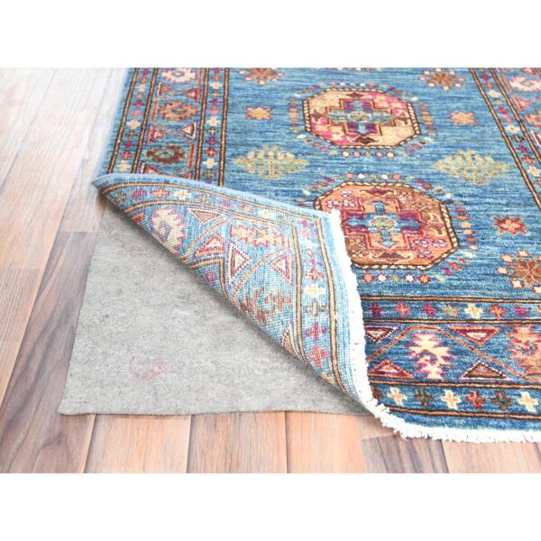 2'7"x9'9" Steel Blue, Afghan Super Kazak with Large Medallions, Natural Dyes, Dense Weave, Extra Soft Wool, Hand Knotted, Runner Oriental Rug  - 82893 - Image 4