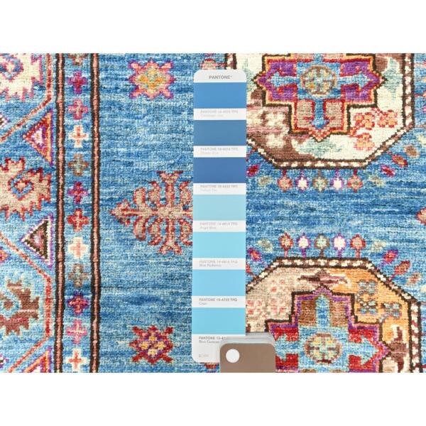 2'7"x9'9" Steel Blue, Afghan Super Kazak with Large Medallions, Natural Dyes, Dense Weave, Extra Soft Wool, Hand Knotted, Runner Oriental Rug  - 82893 - Image 5