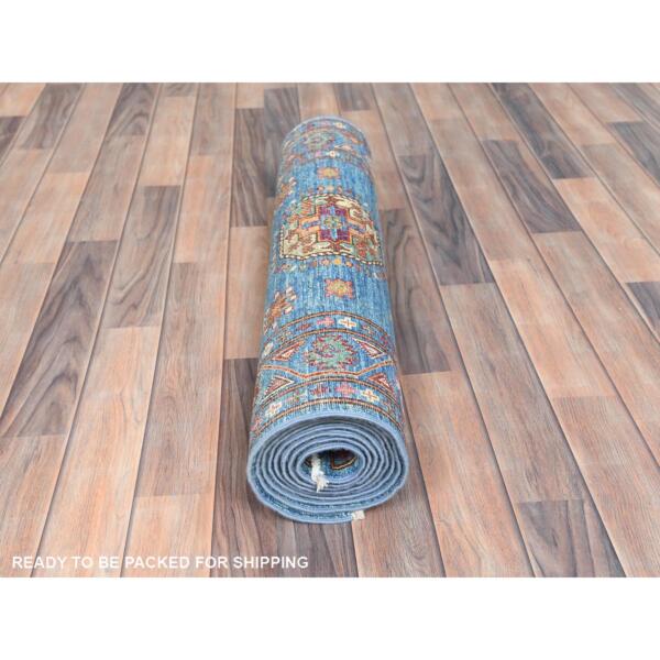 2'7"x9'9" Steel Blue, Afghan Super Kazak with Large Medallions, Natural Dyes, Dense Weave, Extra Soft Wool, Hand Knotted, Runner Oriental Rug  - 82893 - Image 6