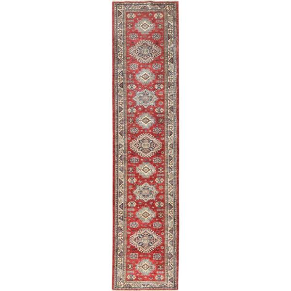 2'8"x11'6" Fire Brick, Afghan Super Kazak With Geometric Medallions, Natural Dyes, Densely Woven, Natural Wool, Hand Knotted, Runner Oriental Rug  - 82900