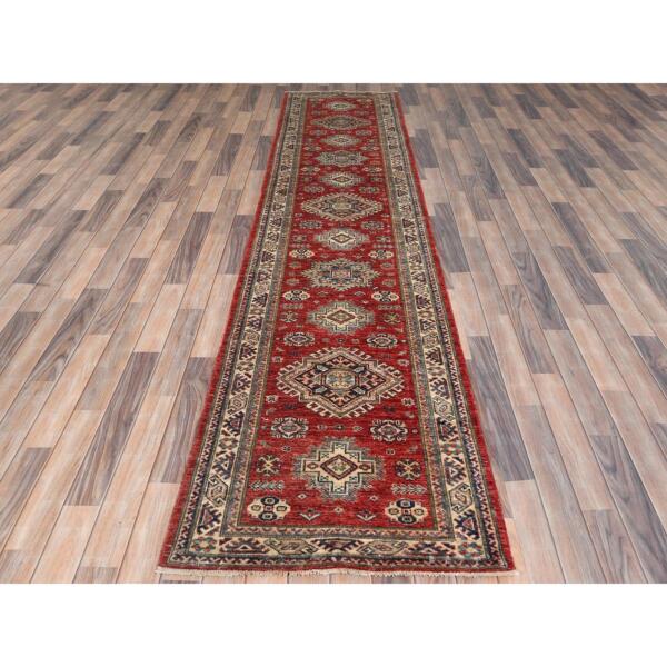 2'8"x11'6" Fire Brick, Afghan Super Kazak With Geometric Medallions, Natural Dyes, Densely Woven, Natural Wool, Hand Knotted, Runner Oriental Rug  - 82900 - Image 3