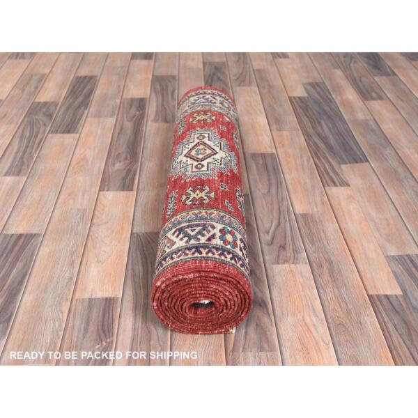 2'8"x11'6" Fire Brick, Afghan Super Kazak With Geometric Medallions, Natural Dyes, Densely Woven, Natural Wool, Hand Knotted, Runner Oriental Rug  - 82900 - Image 6