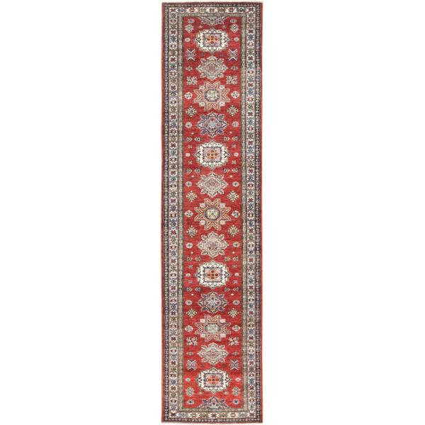 2'9"x11'10" Fire Brick, Afghan Super Kazak With Geometric Medallions, Natural Dyes, Densely Woven, 100% Wool, Hand Knotted, Runner Oriental Rug  - 82902