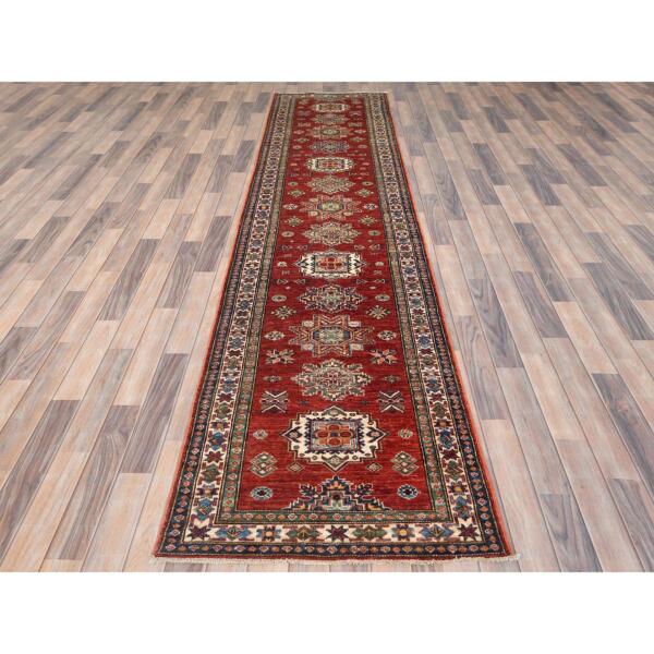 2'9"x11'10" Fire Brick, Afghan Super Kazak With Geometric Medallions, Natural Dyes, Densely Woven, 100% Wool, Hand Knotted, Runner Oriental Rug  - 82902 - Image 3