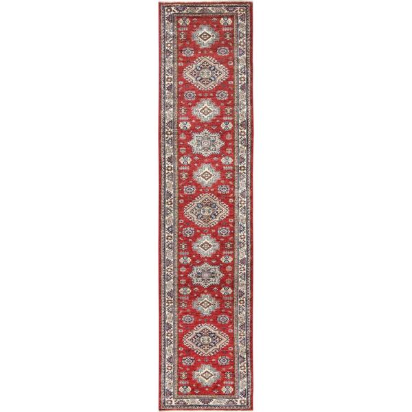 2'8"x11'9" Fire Brick, Afghan Super Kazak With Geometric Medallions, Natural Dyes, Densely Woven, Soft Wool, Hand Knotted, Runner Oriental Rug  - 82904