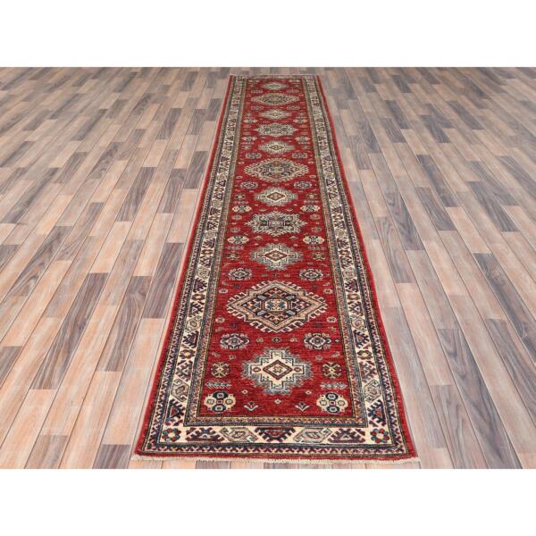 2'8"x11'9" Fire Brick, Afghan Super Kazak With Geometric Medallions, Natural Dyes, Densely Woven, Soft Wool, Hand Knotted, Runner Oriental Rug  - 82904 - Image 3