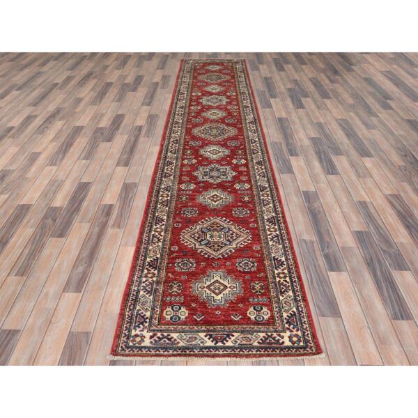 2'8"x11'9" Fire Brick, Afghan Super Kazak With Geometric Medallions, Natural Dyes, Densely Woven, Natural Wool, Hand Knotted, Runner Oriental Rug  - 82906 - Image 3