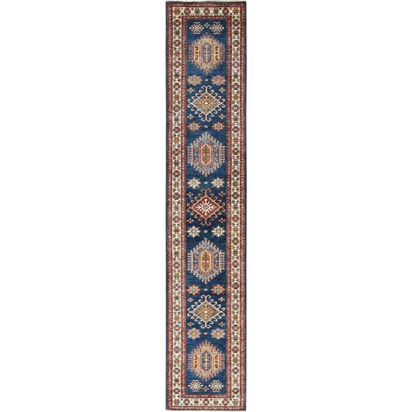 2'8"x13'6" Prussian Blue ,Afghan Super Kazak with Geometric Medallions Design, Natural Dyes, 100% Wool, Hand Knotted, Runner Oriental Rug  - 82908