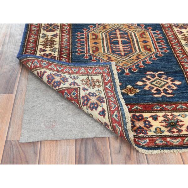 2'8"x13'6" Prussian Blue ,Afghan Super Kazak with Geometric Medallions Design, Natural Dyes, 100% Wool, Hand Knotted, Runner Oriental Rug  - 82908 - Image 4