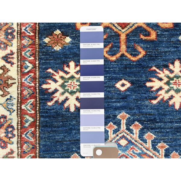 2'8"x13'6" Prussian Blue ,Afghan Super Kazak with Geometric Medallions Design, Natural Dyes, 100% Wool, Hand Knotted, Runner Oriental Rug  - 82908 - Image 5