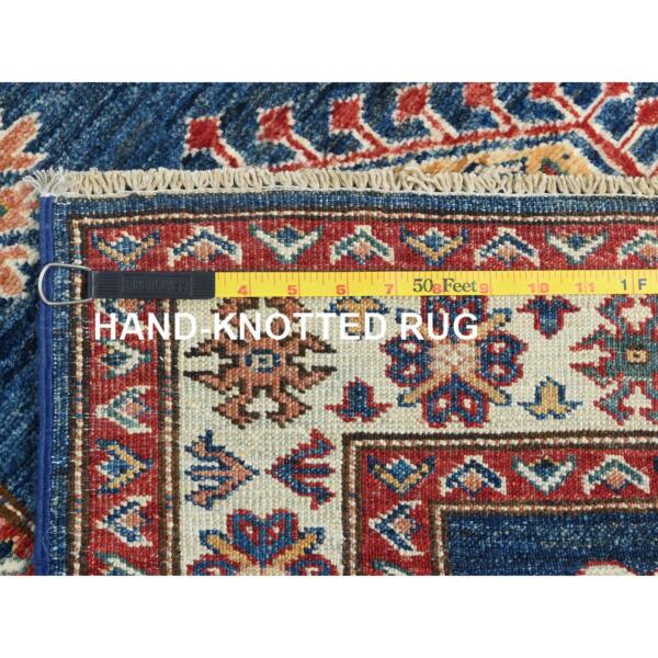 2'8"x13'6" Prussian Blue ,Afghan Super Kazak with Geometric Medallions Design, Natural Dyes, 100% Wool, Hand Knotted, Runner Oriental Rug  - 82908 - Image 8